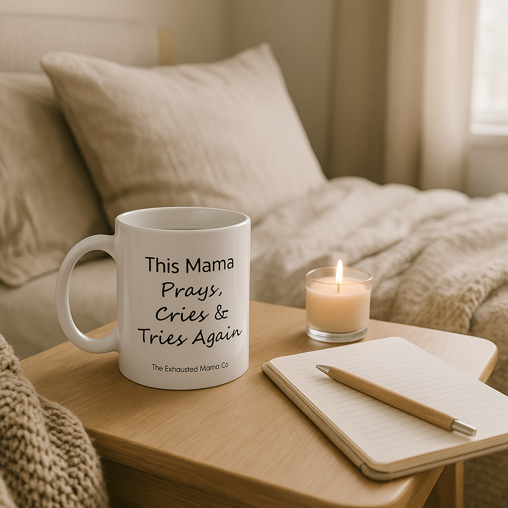 This Mama Prays, Cries & Tries Again — Faith & Coffee Mug for Exhausted Moms